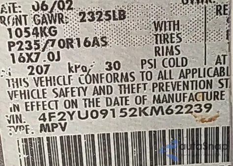 2002 Mazda Tribute Es V6/Lx V6 из США, поврежденный, VIN 4F2YU09152KM62239